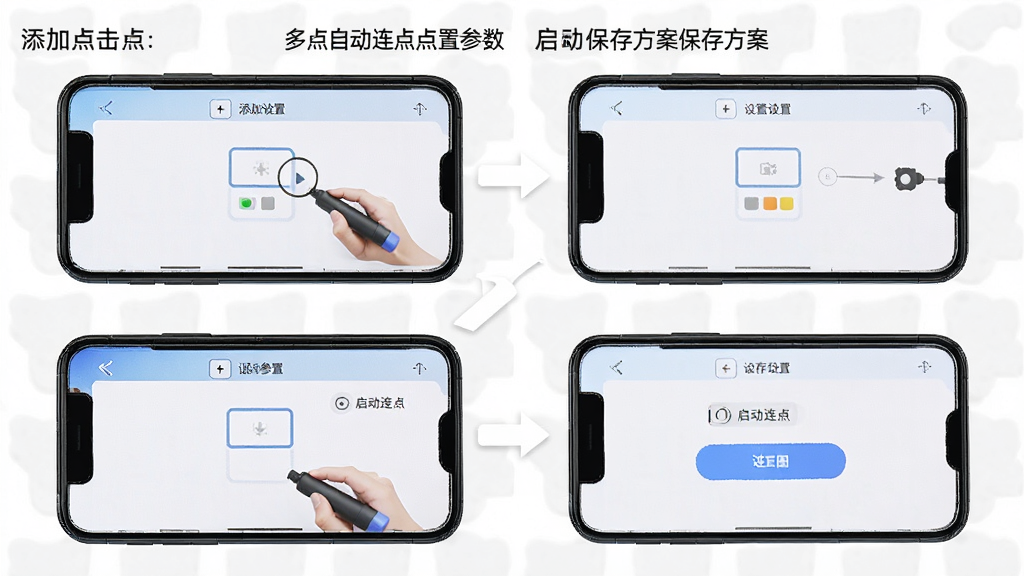 一张展示多点自动连点点击器新手操作步骤的示意图,画面中手机屏幕分为四个步骤,分别显示添加点击点、设置参数、启动连点和保存方案,布局清晰,风格简洁明快,细节丰富,画质高清,干净无多余元素