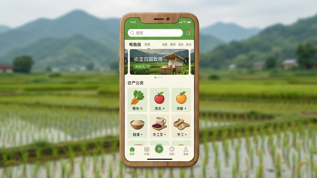 自然田园软件主界面截图,画面中央展示一个木制手机模型,屏幕内呈现清新绿色调的电商首页,顶部有搜索栏和轮播图,中部为农产品分类图标如蔬菜、水果、粗粮、手工制品,底部导航栏清晰可见。背景为虚化的田园风光,有稻田和远山。整体风格简约自然,色彩以绿色和米白色为主,细节清晰,画质干净,无多余元素。