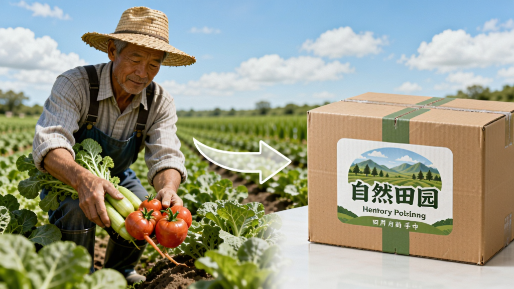 自然田园产地直发场景,画面左侧是农民在田间采摘新鲜蔬菜,右侧是打包好的纸箱上贴着自然田园的标签,中间用箭头连接表示从田间到用户手中的过程。背景是蓝天白云和绿色农田,风格写实清新,细节丰富,画质高清,无多余元素。