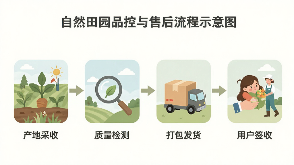 自然田园品控与售后流程示意图,画面以流程图形式展示从“产地采收”到“质量检测”再到“打包发货”最后到“用户签收”的四个环节,每个环节配有相应的小图标和简短文字说明。整体采用扁平化插画风格,色彩柔和,布局清晰,画质干净,无多余元素。