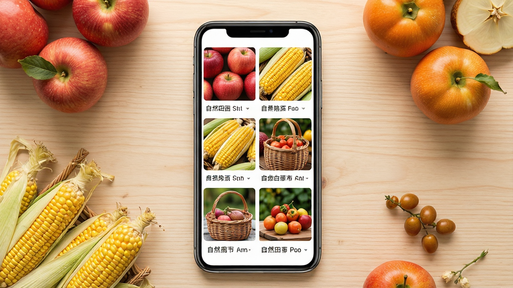 自然田园软件分类页面展示,画面中一部手机屏幕内呈现多个商品分类网格,每个分类配有精美实拍图,如红彤彤的苹果、金黄的玉米、手工编织篮等。手机周围散落着几样真实的农产品作为装饰,背景是浅色木纹桌面。风格温暖自然,排版整洁,画质清晰,无多余元素。
