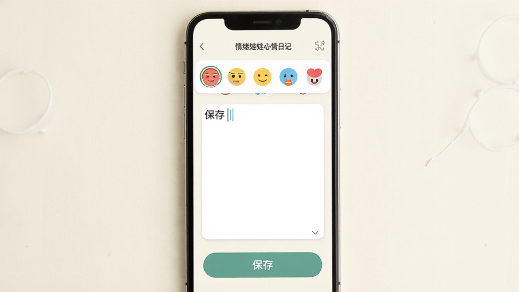 情绪娃娃心情日记编辑界面,画面展示手机屏幕上有一个文本输入框,上方有情绪表情选择栏,下方有保存按钮,背景为米白色,风格为简约清新UI设计,画质清晰干净