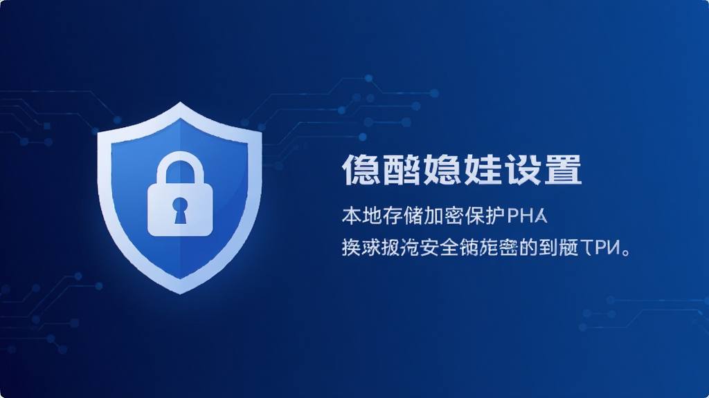 情绪娃娃隐私安全设置页面,画面展示一个盾牌图标和锁形图标,旁边有文字说明本地存储加密保护等字样,背景为深蓝色渐变,风格为安全科技扁平风,画质高清干净