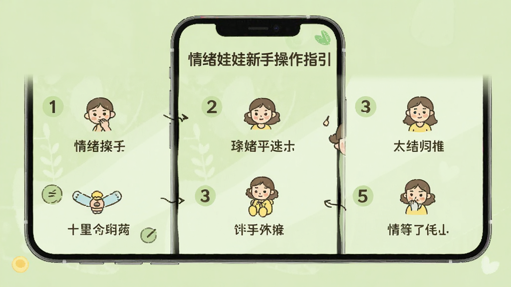 情绪娃娃新手操作指引页面,画面展示手机屏幕上有步骤编号1到5的图文教程,每个步骤配有简单图标和简短文字说明,背景为浅绿色,风格为清新教程风,画质清晰干净