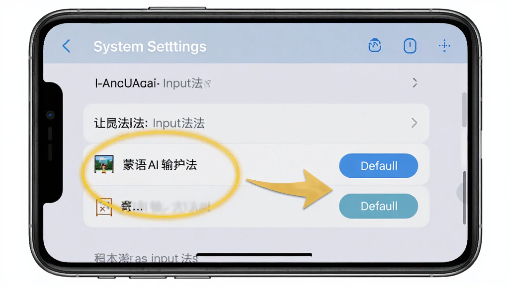 蒙语AI输入法新手设置步骤示意图,画面为一部手机屏幕截图风格,展示系统设置中语言和输入法界面,蒙语AI输入法选项被高亮圈出,旁边有箭头指向设为默认按钮,背景简洁,风格写实,细节清晰,画质干净,无多余元素
