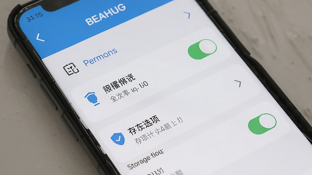 主体为手机屏幕显示BEAHUG应用设置界面,布局采用竖版列表构图,排版上清晰展示权限开关和存储选项,风格为简洁现代的UI设计,细节包括图标、文字说明和切换按钮,画质清晰,干净,无多余元素。