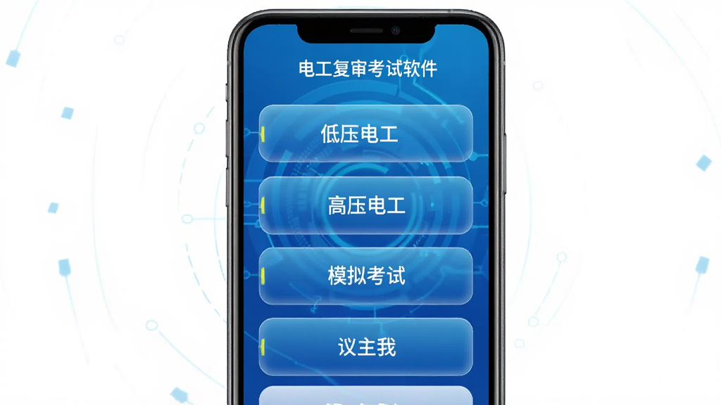 电工复审考试软件主界面预览图,手机屏幕显示题库分类列表,包含低压电工、高压电工、模拟考试等按钮,背景为蓝色科技感渐变,画面干净整洁,文字清晰可见