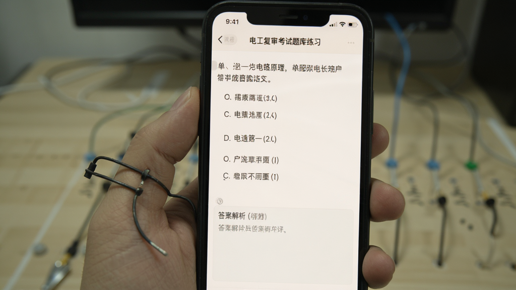 电工复审考试题库练习界面,手机屏幕显示一道关于电路原理的单选题,选项清晰,下方有答案解析区域,背景为浅色护眼模式,画面简洁无多余元素