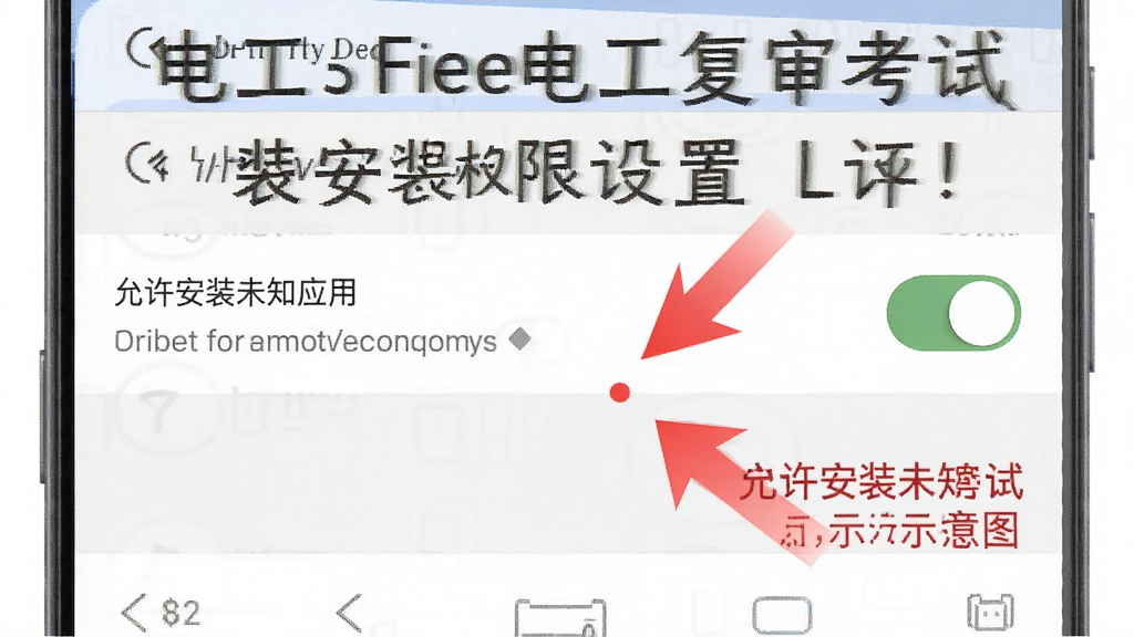 电工复审考试手机安装权限设置示意图,画面展示安卓手机设置界面中“允许安装未知应用”开关,旁边有红色箭头标注,风格简洁明了