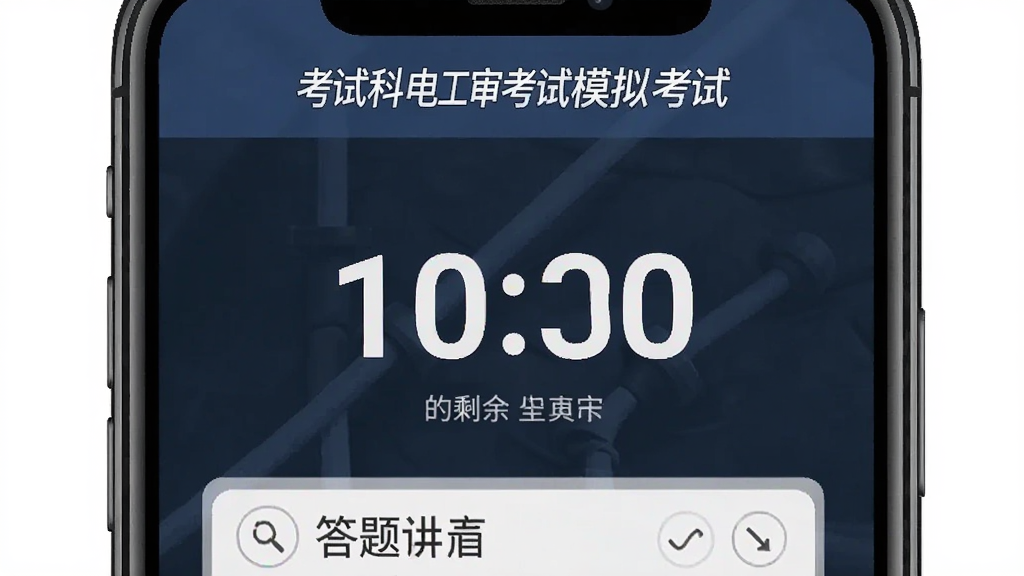 电工复审考试模拟考试倒计时界面,手机屏幕中央显示剩余时间与答题卡,顶部有考试科目名称,风格严肃专业,画面布局清晰