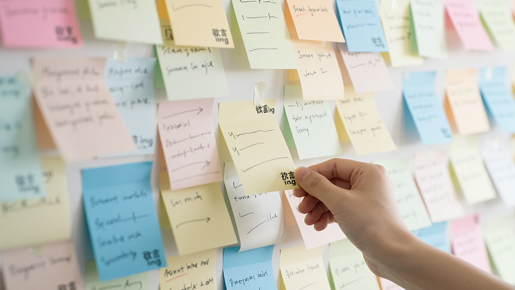 一面由无数彩色便签纸组成的墙面,每张便签上隐约可见文字线条,一只手正将一张新的便签贴上去,便签角落印有“欲言ing”标志,光线明亮柔和,画面整洁,画质细腻