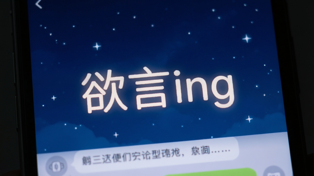 一张手机屏幕特写,画面中央是“欲言ing”四个字的柔和发光字体,背景是深蓝色夜空与散落的星光,屏幕下方隐约显示聊天对话框的轮廓,整体风格安静治愈,细节干净,画质清晰,无多余元素