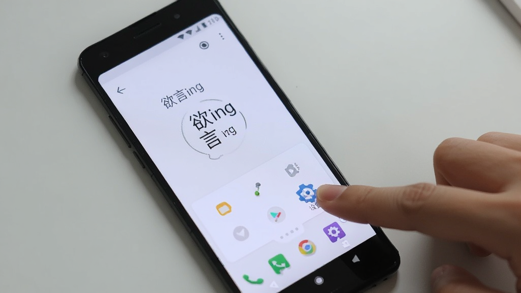 一部安卓手机屏幕显示“欲言ing”应用界面,旁边有一只手正在点击“设置”图标,背景是浅灰色桌面,画面简洁,画质清晰,无多余元素