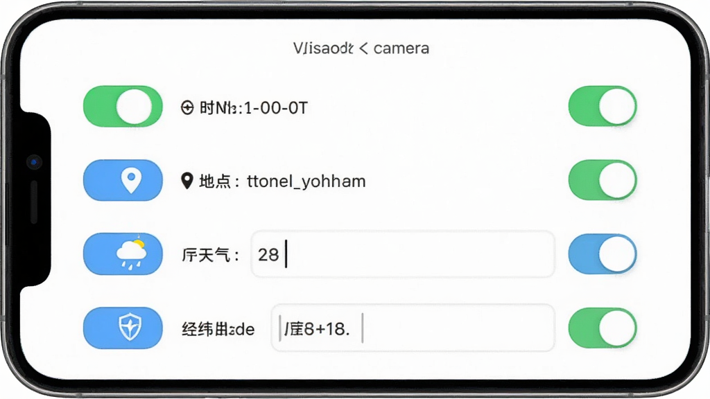 一张手机应用界面截图,展示位置水印打卡相机的水印设置面板,面板上有多个开关按钮和文字输入框,分别对应时间、地点、天气、经纬度等选项,界面风格简洁现代,背景为纯白色,图标清晰,画质干净,无多余元素