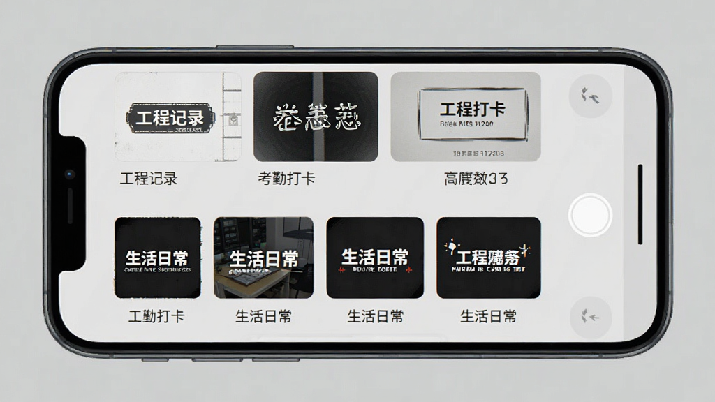 一张手机屏幕显示位置水印打卡相机的模板选择界面,屏幕上整齐排列着多个水印模板缩略图,包括工程记录、考勤打卡、生活日常等风格,每个缩略图下方有模板名称,界面背景为浅灰色,设计简洁,画质清晰,无多余元素