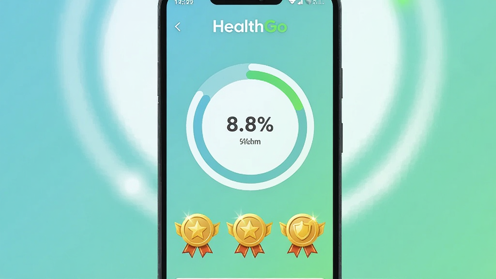一张 HealthGo 运动成就页面的手机截图风格图,画面中一部安卓手机竖屏展示,屏幕上显示运动目标环形进度条已完成百分之八十,下方排列着三枚金色成就徽章,背景为柔和的蓝绿色渐变,顶部有 HealthGo 字样,整体风格清新活力,画质干净,无多余装饰