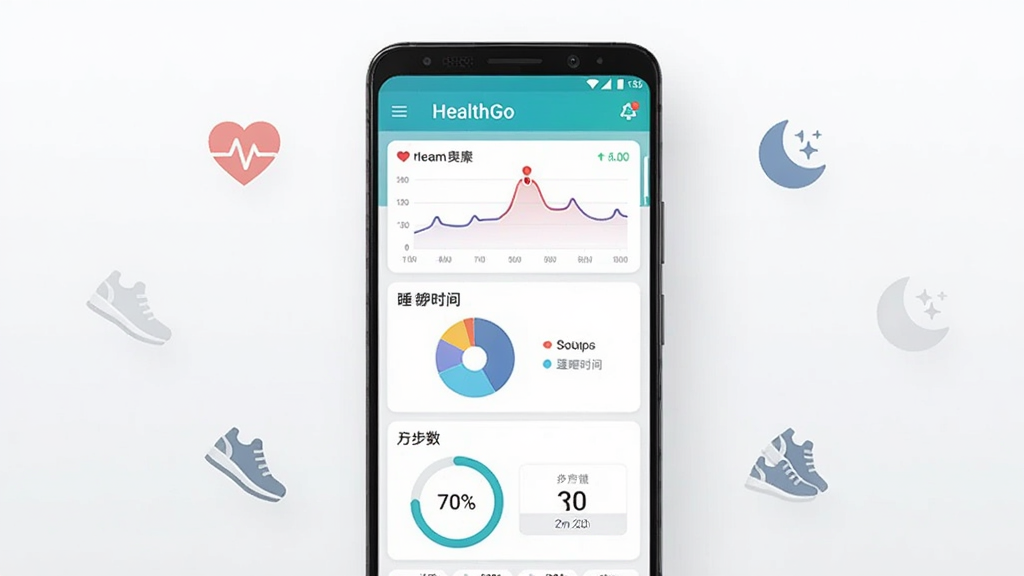 一张展示 HealthGo 应用主界面的手机样机图,画面中央是一部竖屏安卓手机,屏幕上显示 HealthGo 的仪表盘界面,包含心率曲线图、睡眠时长饼图、步数环形进度条等数据卡片,背景为干净的浅灰白色渐变,手机周围散落着几个简约的健康图标如心跳、月亮、跑鞋等,整体风格为扁平化科技感 UI 设计,画质清晰,无多余文字元素