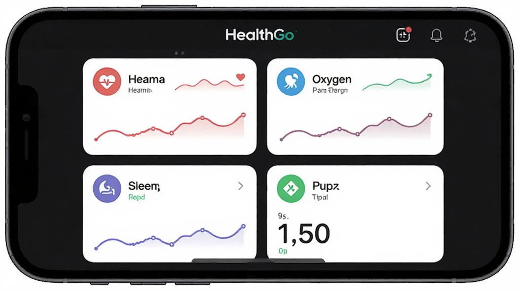 一张 HealthGo 应用的数据聚合界面展示图,画面中一部手机横屏放置,屏幕上以网格卡片形式同时显示心率、血氧、睡眠、步数四组数据面板,每个卡片配有对应的彩色图标和迷你折线图,背景为深色模式界面,整体风格现代简洁,突出 HealthGo 软件名称在顶部导航栏,画质高清,无杂乱元素