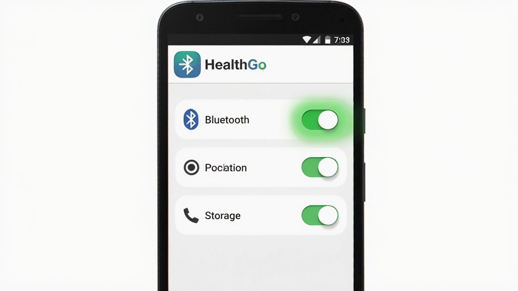 一张 HealthGo 应用权限设置引导页面的手机界面图,画面中一部安卓手机竖屏显示,屏幕上列出蓝牙、位置、存储三项权限开关,蓝牙权限开关为绿色开启状态并有高亮标注,背景为白色简洁风格,顶部显示 HealthGo 图标和名称,整体画质清晰,无多余文字