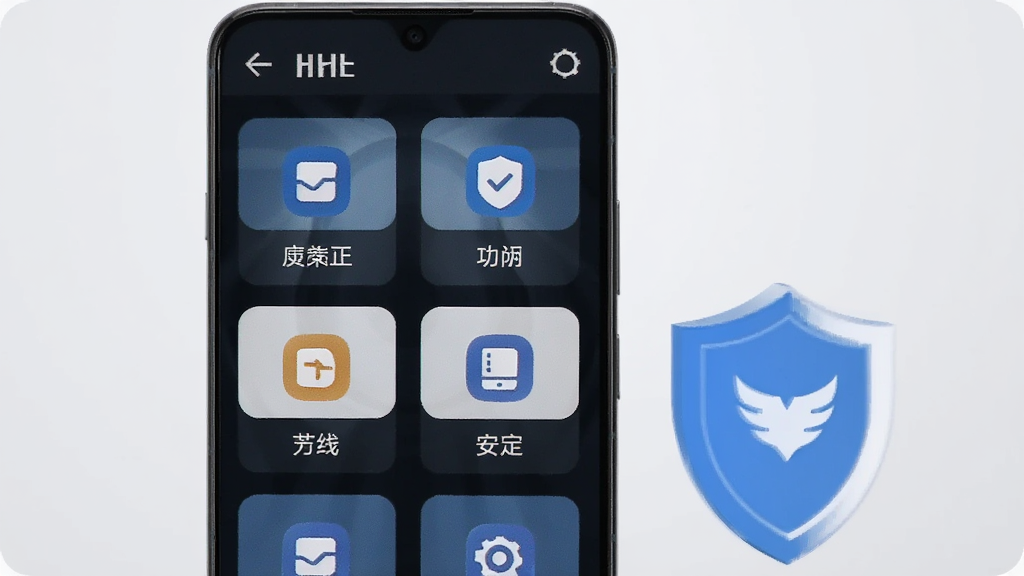 一部安卓手机展示HLZF应用的功能操作界面,屏幕中显示几个功能模块的图标以网格形式排列,每个图标下方有中文标注,手机旁放置一个盾牌图标象征安全稳定,背景为柔和的浅灰色,画面风格商务简洁,画质清晰,无多余元素