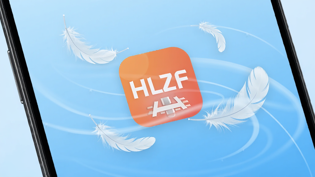 一部安卓手机屏幕特写,画面中HLZF应用图标位于屏幕中央,周围环绕着轻盈的羽毛和气流线条,象征软件轻量高效的特性,手机背景为干净的浅蓝色渐变,画面风格简洁现代,画质清晰,无多余元素