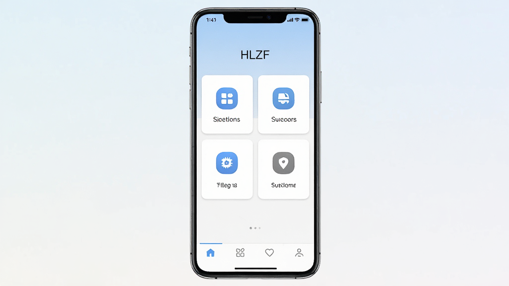 一张展示HLZF安卓应用主界面的手机截图,画面中央放置一部现代智能手机,手机屏幕上显示HLZF应用的主页界面,界面采用简洁的卡片式布局,顶部有应用名称“HLZF”,中间区域排列着几个功能入口图标,底部有导航栏,背景为浅色渐变,整体风格清爽干净,画质清晰,无多余元素