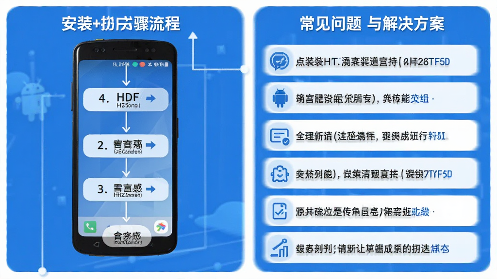 一张信息图风格的图片,画面左侧展示安卓手机安装HLZF应用的步骤流程图,右侧列出常见问题与解决方案,整体采用蓝白配色,布局清晰,文字使用中文标注,风格简洁专业,画质清晰,无多余元素