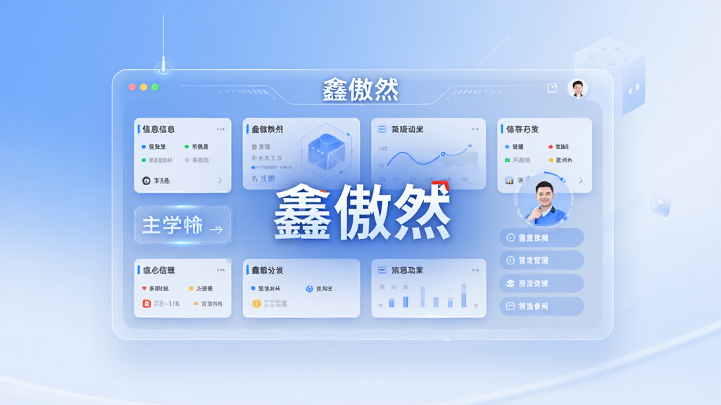 一张以“鑫傲然”信息管理功能为主题的AI生图,画面中心是悬浮的数字化面板,面板上排列着整齐的信息卡片和分类标签,背景为柔和的蓝白渐变,风格简洁科技感,画面中带有“鑫傲然”文字标识,布局居中对称,细节清晰,画质干净,无多余元素
