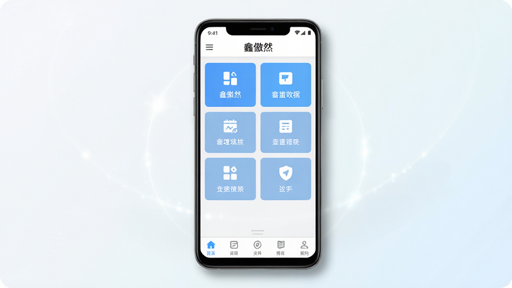 一张展示“鑫傲然”软件主界面的手机应用截图风格图片,画面中央是一部竖屏安卓手机,屏幕显示“鑫傲然”应用首页,包含功能模块图标和底部导航栏,界面设计简洁清爽,背景为浅色渐变,手机周围有轻微阴影和光效,整体风格现代商务,画质清晰,干净,无多余元素