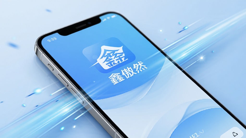 一张体现“鑫傲然”轻量运行特点的AI生图,画面展示一部手机屏幕中运行着“鑫傲然”应用,周围有象征速度与轻量的线条和光点,整体色调为清爽的浅蓝色,布局简洁,风格现代,细节表现出流畅感,画质清晰,干净,无多余元素