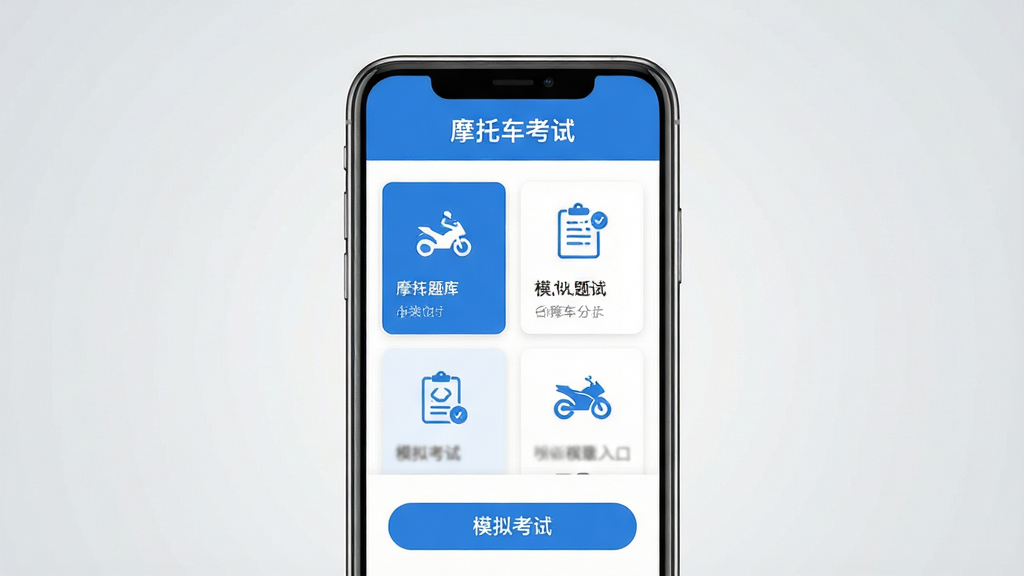 一张手机屏幕展示“摩托车考试”APP主界面的产品预览图,画面中央是手机正视图,屏幕内显示题库分类卡片与模拟考试入口按钮,界面采用蓝白配色风格,顶部有“摩托车考试”文字标识,背景为浅灰色渐变,整体风格清新简洁,细节清晰,画质干净,无多余元素