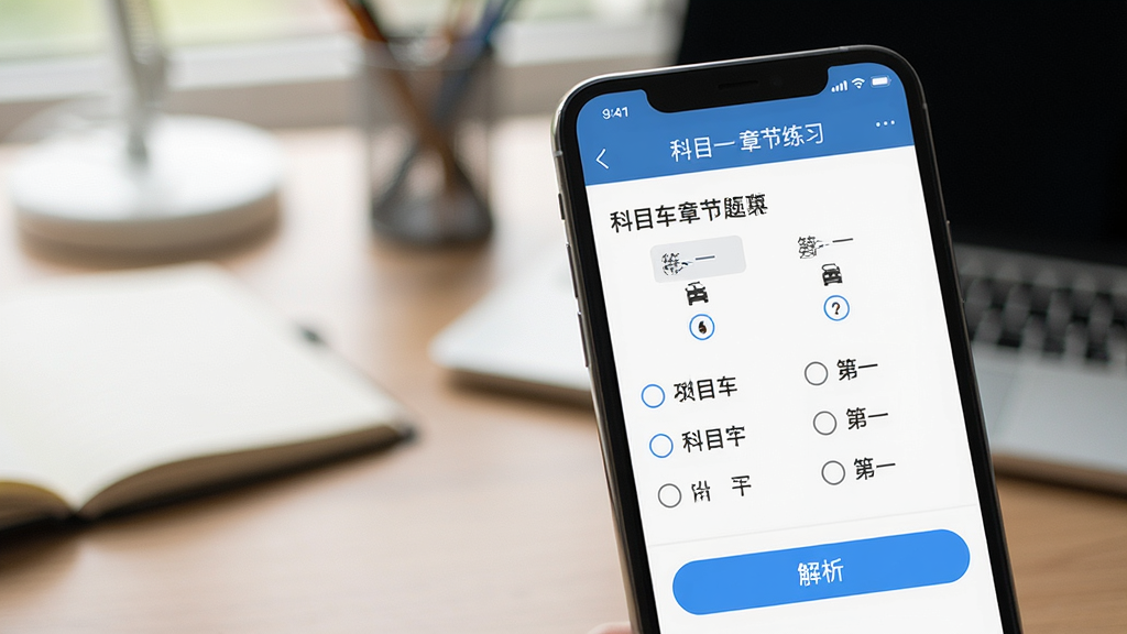 一张展示“摩托车考试”APP题库练习界面的场景图,画面主体是手机屏幕特写,屏幕内显示一道科目一选择题及四个选项,下方有“解析”按钮,题目上方标注“科目一 章节练习”,背景为柔和的书桌场景,风格写实,画面干净,画质清晰,无多余元素
