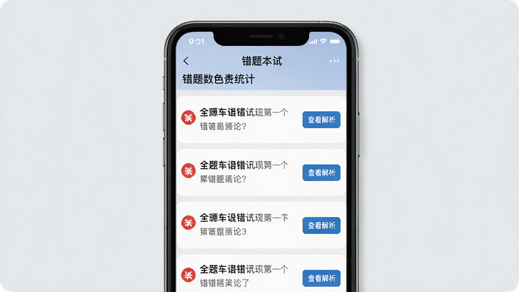 一张“摩托车考试”APP错题本功能界面的产品预览图,手机屏幕内以列表形式展示多道错题,每道题左侧有红色错误标记,右侧有“查看解析”按钮,顶部显示错题数量统计,界面风格简洁清晰,背景为浅灰色,画质干净,无多余元素