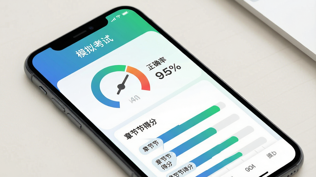 一张“摩托车考试”APP模拟考试成绩分析页面的产品截图,手机屏幕内显示圆形分数仪表盘、正确率百分比以及各章节得分条形图,界面配色为蓝绿渐变,顶部有“模拟考试”标题文字,背景为干净的浅色桌面,风格现代简约,画质清晰,无多余元素