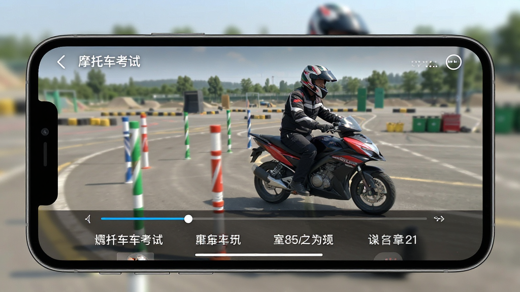 一张展示“摩托车考试”APP科目二教学视频播放界面的场景图,画面为手机横屏显示,屏幕内正在播放摩托车绕桩教学视频,画面中有教练与摩托车实拍画面,下方有进度条与章节列表,背景为虚化的训练场地,风格写实,画质清晰,无多余元素
