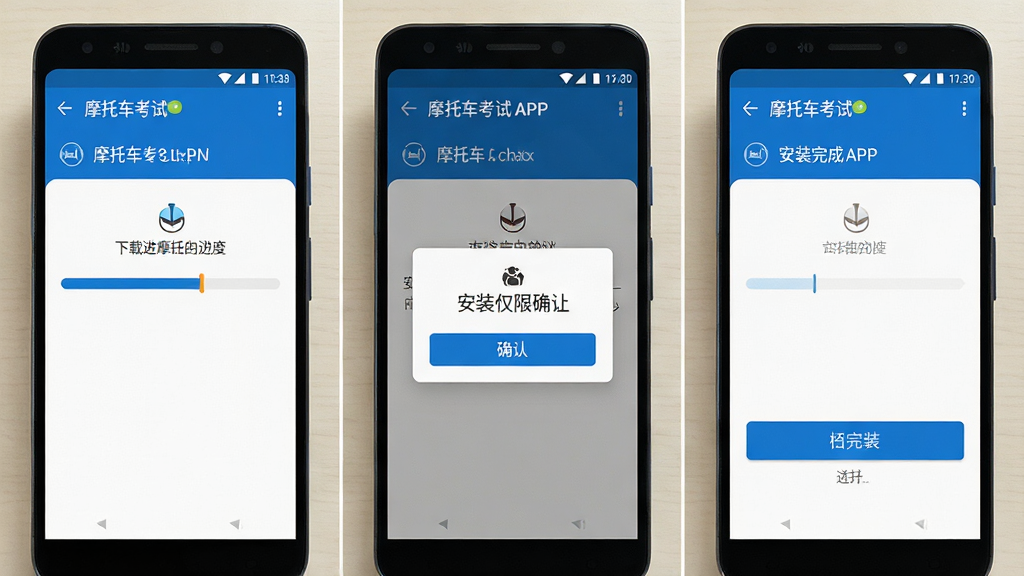 一张展示安卓手机安装“摩托车考试”APP过程的步骤示意图,画面分为三个并排的手机屏幕,分别显示下载进度条、安装权限确认弹窗、安装完成打开按钮,界面风格统一为蓝白色调,背景为干净的浅色桌面,画质清晰,无多余元素