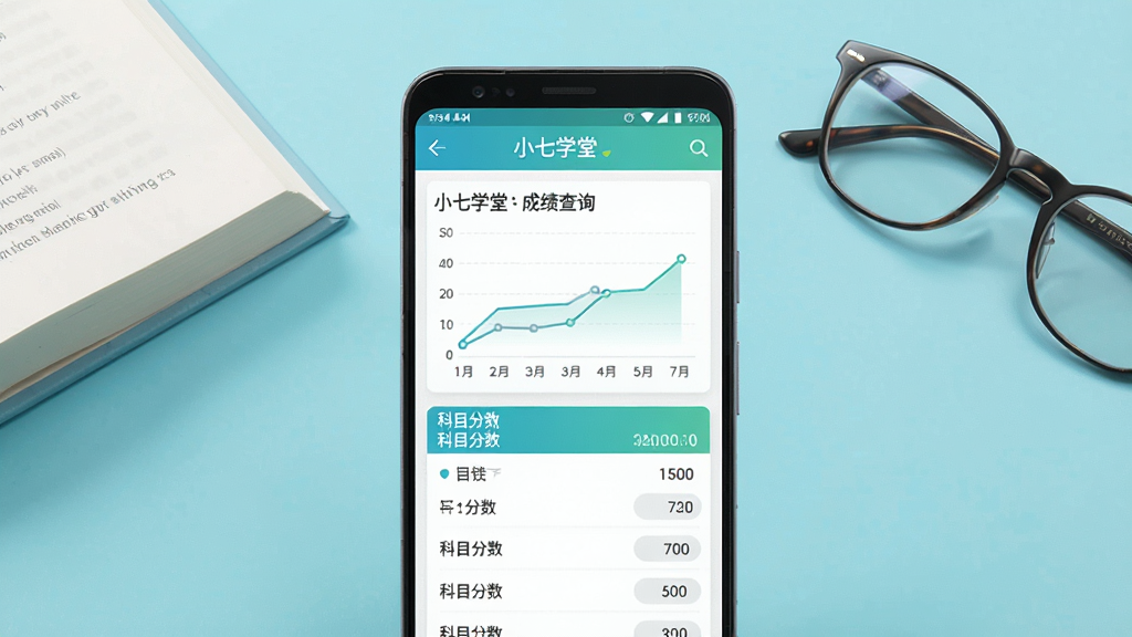 一张展示成绩查询功能的界面示意图,画面主体为一部安卓手机,屏幕中显示“小七学堂”成绩查询页面,页面中有折线图和科目分数列表,数据清晰直观。手机放在纯色背景前,旁边有书本和眼镜作为点缀。整体风格为现代简约数码产品渲染,配色清新,画质细腻,文字可读性强,画面干净。