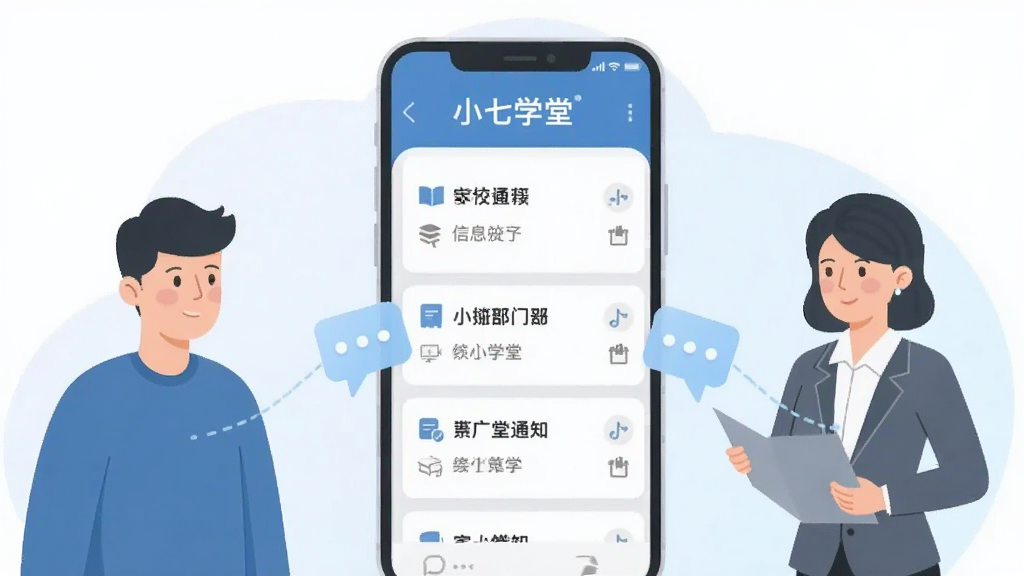 一张表现家校信息互通的插画,画面中央是一部手机,屏幕显示“小七学堂”的通知列表界面,手机左侧是一位家长形象,右侧是一位老师形象,两人之间有淡蓝色的信息连线,形成沟通桥梁的视觉效果。背景为柔和的浅色渐变,整体风格为扁平化商务插画,配色以蓝白灰为主,画面干净,文字清晰,无多余装饰元素。