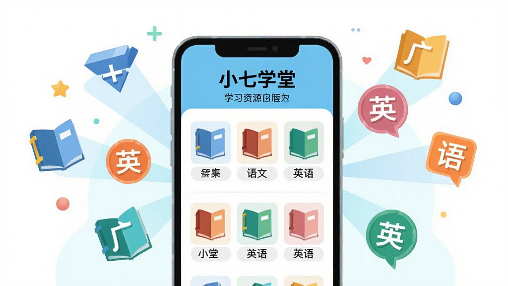 一张表现学习资源获取的插画,画面中央是一部手机,屏幕上显示“小七学堂”学习资源页面,页面中有不同学科的书本图标和分类标签。手机周围漂浮着数学、语文、英语等学科符号,形成知识汇聚的视觉感。整体风格为清新教育类插画,配色明亮,布局居中,画质清晰,画面干净无杂乱元素。