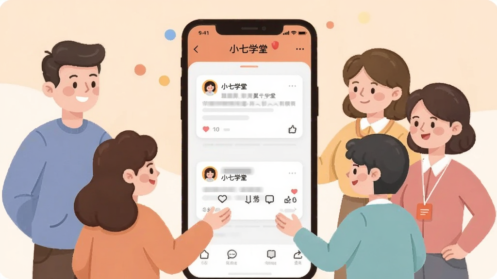 一张表现班级圈互动功能的场景图,画面主体是一部手机,屏幕显示“小七学堂”班级圈界面,有动态卡片和点赞评论图标。手机旁边有几位卡通家长和老师形象,围成半圆,呈现交流互动的氛围。整体风格为温暖扁平插画,配色柔和,构图均衡,画质清晰,画面干净整洁。