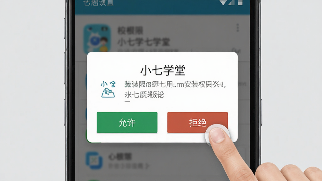 一张安卓手机安装应用时的权限设置界面示意图,画面主体为手机屏幕特写,显示“小七学堂”安装权限请求弹窗,有允许和拒绝按钮,旁边有手指点击的示意。背景为浅灰色,整体风格为写实界面截图风,画面干净,文字清晰,无多余元素。
