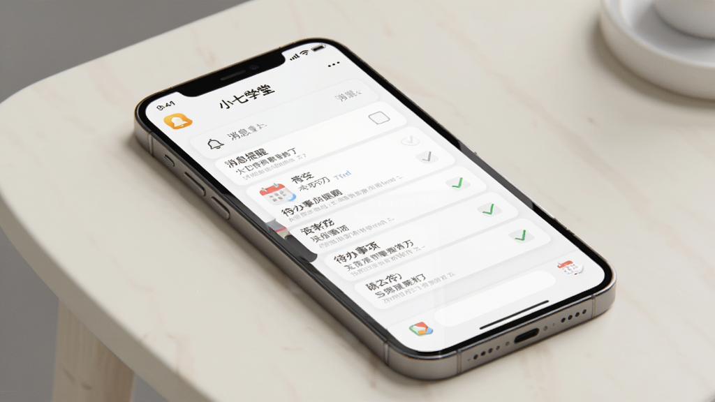一张展示消息提醒与待办功能的界面图,画面主体为一部竖屏手机,屏幕显示“小七学堂”消息提醒列表和待办事项勾选界面,有铃铛图标和日历标记。手机放置在浅色桌面上,背景简洁。整体风格为写实数码渲染,配色清爽,文字清晰,画质干净,无多余元素。