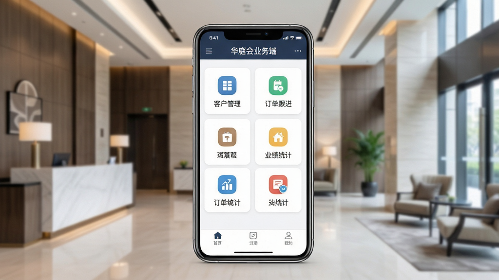 一张展示华庭会业务端手机应用主界面的图片,画面中央是一部智能手机,屏幕显示华庭会业务端APP的首页界面,包含客户管理、订单跟进、业绩统计等功能图标,背景为现代酒店大堂环境,布局简洁清晰,风格商务专业,细节包括手机边框、界面图标文字“华庭会业务端”,画质高清,干净,无多余元素