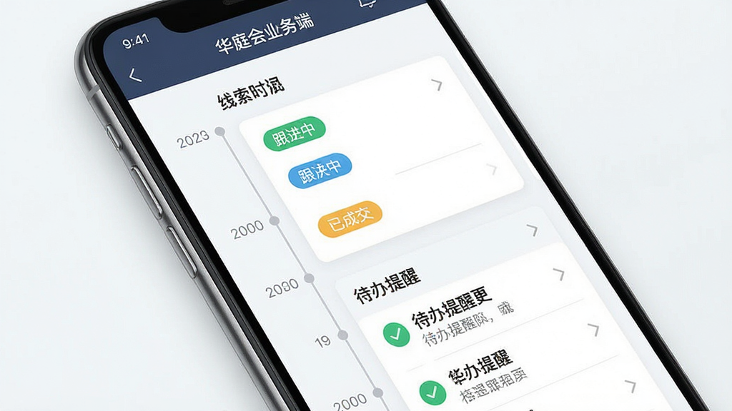 一张展示华庭会业务端销售线索跟进界面的图片,画面为手机屏幕特写,屏幕内显示线索跟进时间轴和待办提醒列表,包含“跟进中”“已成交”等状态标签,布局为时间轴与卡片结合,风格现代商务,细节包括手机边框和界面文字“华庭会业务端”,画质高清,干净,无多余元素