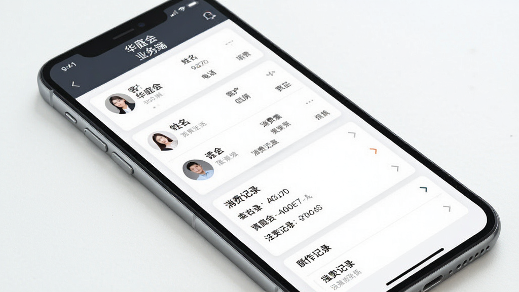 一张展示华庭会业务端客户管理界面的图片,画面主体为手机屏幕,屏幕内显示客户列表和详细资料卡片,包含姓名、电话、消费记录等字段,布局为垂直列表形式,风格简约商务,细节包括手机边框和界面文字“华庭会业务端”,画质清晰,干净,无多余元素