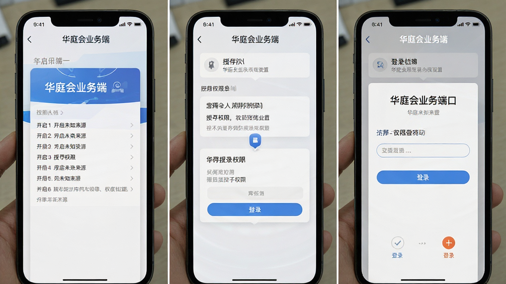 一张展示华庭会业务端安装与权限设置步骤的图片,画面为手机屏幕截图风格,分步骤展示开启未知来源、授予权限、登录界面等场景,布局为三格分镜,风格教程指引,细节包括步骤序号和界面文字“华庭会业务端”,画质清晰,干净,无多余元素