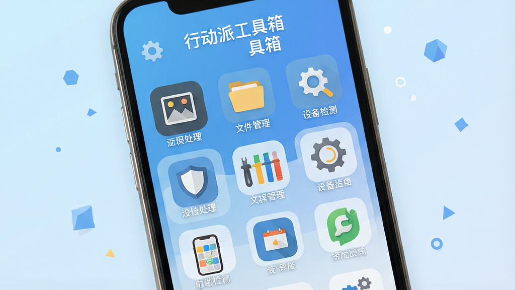一张展示行动派工具箱应用界面的图片。画面中央是一部智能手机,手机屏幕上显示着排列整齐的工具图标网格,包含图片处理、文件管理、设备检测等模块。背景是简洁的浅蓝色渐变,带有微小的几何图形点缀。整体风格现代、干净、扁平化。画质清晰,细节丰富,屏幕上的文字显示为“行动派工具箱”。