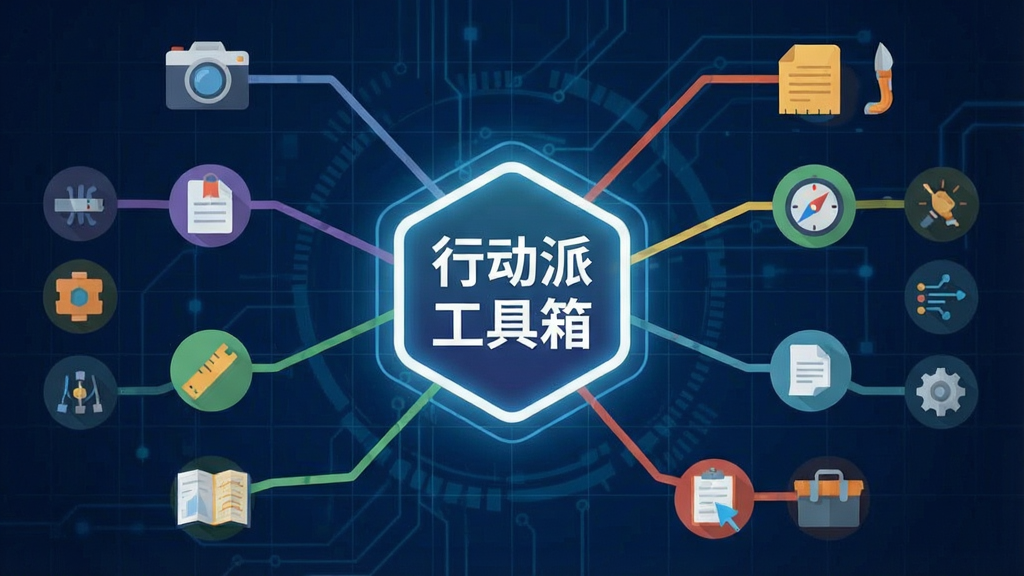 一张展示行动派工具箱功能聚合概念的图片。画面中心是一个发光的六边形图标,图标内写着“行动派工具箱”。从六边形向外延伸出多条彩色的线条,连接着代表不同功能的小图标,如相机、文档、指南针、尺子等。背景是深蓝色的科技感网格。风格为扁平化插画,画质干净,无多余元素。