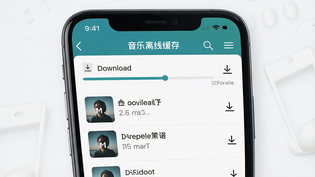 一张展示多听音乐离线缓存功能的图片,主体为手机屏幕显示下载管理界面,包含下载进度条和已完成的歌曲列表。布局采用上下结构,上方为标题栏,下方为列表。排版整齐,风格清爽。细节上带有下载箭头图标和存储容量提示。画质高清,画面干净,无多余元素。