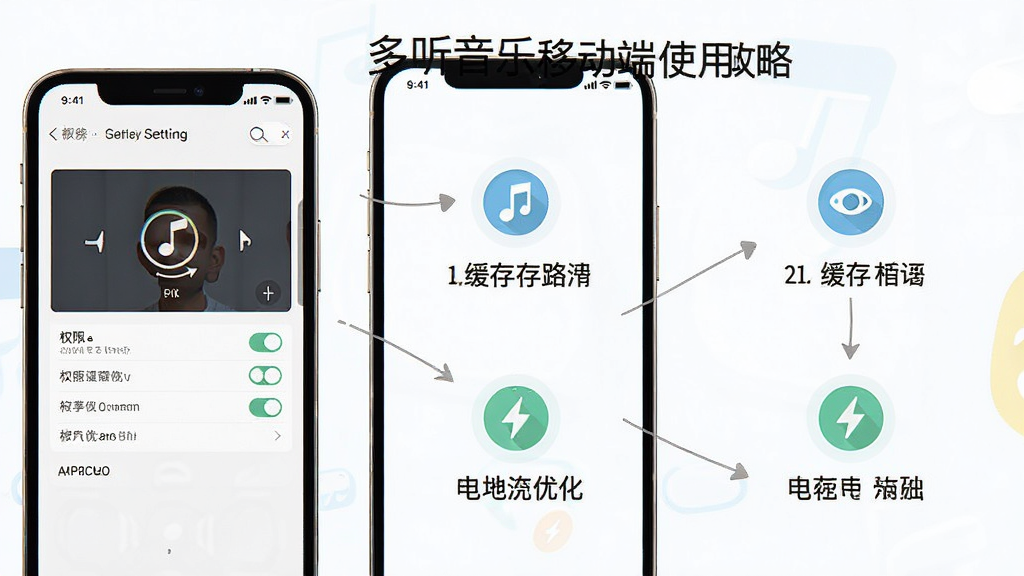 一张展示多听音乐移动端使用攻略的图片,主体为手机屏幕显示设置界面和操作步骤示意图。布局采用分步展示,每一步配有图标和简短文字。排版清晰,风格简洁实用。细节上包含权限开关、缓存路径和电池优化选项。画质高清,画面干净,无多余元素。